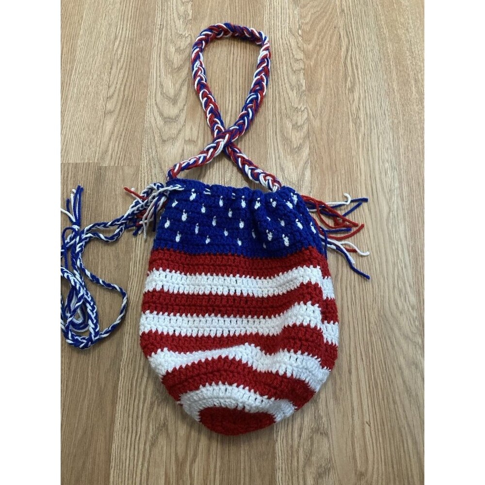 Americana Crochet Shoulder Bag Red White Blue Patriotic Stars Stripes Handmade - Picture 1 of 4